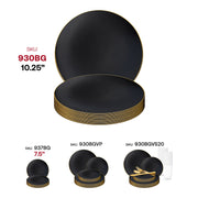 Black round disposable dinner plates with a gold rim and natural organic shape, 10.25-inch diameter