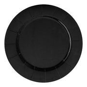 Black round disposable paper charger plates, sold in a pack of 120