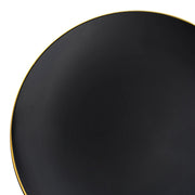 Black round disposable plastic appetizer plate with a gold rim, 7.5-inch diameter, sold in a 120-pack