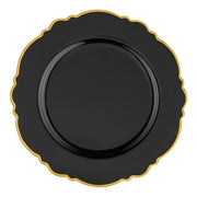 Black round disposable plastic appetizer plates with an elegant gold rim and blossom design