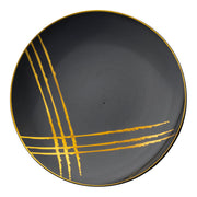 aBlack round disposable plastic appetizer plates with elegant gold brushstroke detailing