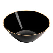 Black round disposable plastic dessert bowls with an elegant gold rim