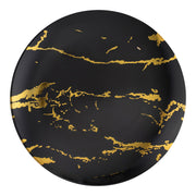 Black round disposable plastic dinner plates with a gold marble stroke design