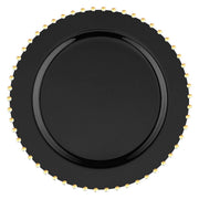 Black round disposable plastic salad plates with a gold pearl string design
