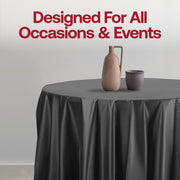 Black round disposable plastic tablecloths, 84-inch diameter, ideal for formal dinners, weddings, or business events, 96-pack.