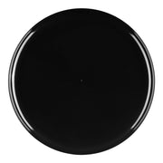 Black round disposable plates, 8.5-inch diameter, made of sturdy plastic with a flat design