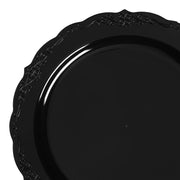 Black round disposable salad plates with a decorative vintage rim, 7.5-inch size, made from durable plastic, pack of 120