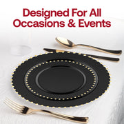 Black round disposable salad plates with a gold pearl string pattern, durable plastic construction, 7 inches in diameter, 120-pack