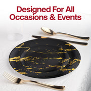 Black round disposable salad plates with an elegant gold marble stroke motif, 7.5-inch diameter, ideal for parties, 120-pack