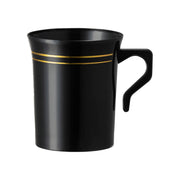 Black round plastic coffee mugs with a decorative gold edge rim, 8 oz capacity
