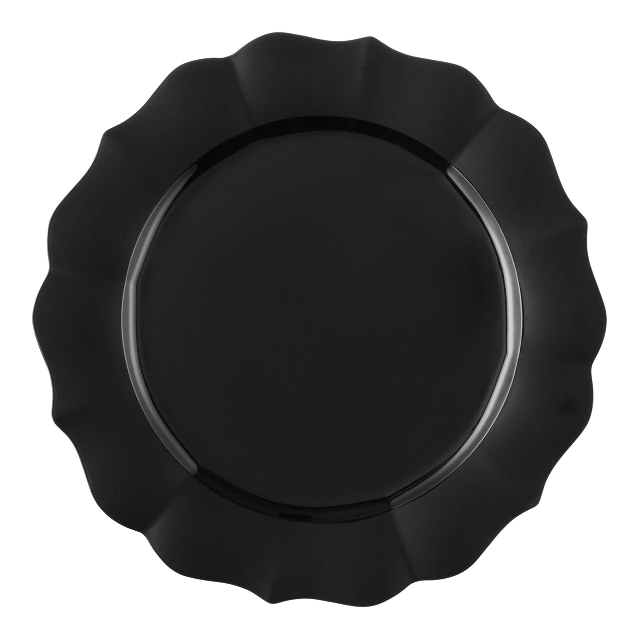 Black round plastic dinner plates with a lotus design