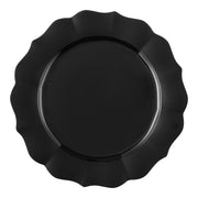 Black round plastic dinner plates with a lotus design