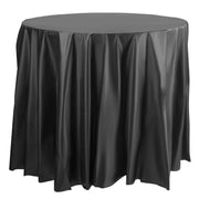 Black round plastic tablecloths, 84-inch diameter, disposable and ideal for parties, banquets, or formal events, case of 96.