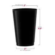 Black round plastic tumblers, 12 oz capacity, disposable, with precise dimensions of 3” x 4.5” x 2”