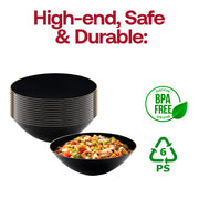 Black soup bowls with gold rim, 16 oz capacity, disposable plastic, organic round shape, BPA-free
