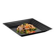 Black square groove-rim serving tray filled with assorted pastries, perfect for dessert displays
