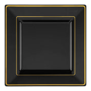 Black square plastic appetizer plates with gold edge rim, 6.5-inch size, sold in a pack of 120
