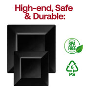 Black square plastic dinner plates, 9.5-inch diameter, pack of 120, BPA-free