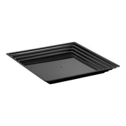 Black square plastic serving tray with groove rim, ideal for stylish and functional food presentation