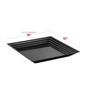 Black square serving tray with groove rim holding fresh fruits and cheeses for elegant party presentation
