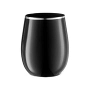 Black stemless plastic wine glasses with silver detailing, 12 oz size, ideal for weddings and celebrations