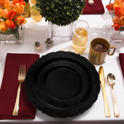 Black vintage-style round appetizer plates with a decorative rim, made from durable plastic, 7.5-inch size, pack of 120