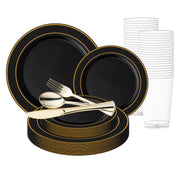 Black with Gold Edge Rim Plastic Wedding Value Set, delivering sophisticated style and bold elegance for events