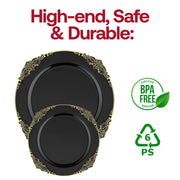 Black with Gold Fancy Round Disposable Plates styled on a modern event table with candles and golden flatware