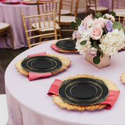 Black with Gold Fancy Round plates displayed with a message highlighting the ideal sizing and quantity for hosting