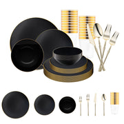 Black with Gold Organic Disposable Plastic Tableware Set brings dramatic elegance and bold detail to formal dining occasions
