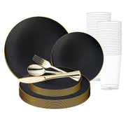 Black with Gold Rim Organic Round Disposable Plastic Wedding Value Set with gold cutlery, featuring a bold black design enhanced by a sophisticated gold rim, the perfect touch of elegance for any occasion