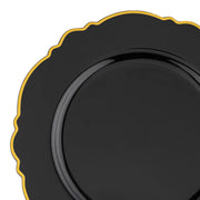 Black with Gold Rim Round Blossom Disposable Plastic Appetizer/Salad Plates