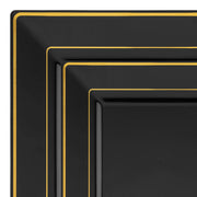 Black with Gold Square Edge Rim Disposable Plastic Dinnerware Set, designed to bring a touch of elegance to your dining experience