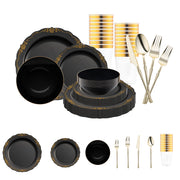 Black with Gold Vintage Disposable Plastic Tableware Set delivers bold elegance and timeless style for upscale dining events