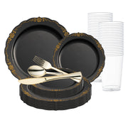 Black with Gold Vintage Rim Round Plastic Wedding Value Set with gold cutlery for elegant events