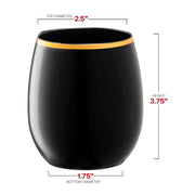 Black with gold elegant stemless plastic wine glasses in a 64-pack, each holding 12 oz, measuring 2.5” x 3.75” x 1.75”