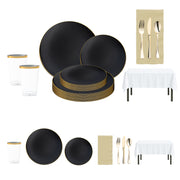 Black with gold rim plates and metallic cutlery featured on a luxury sports party table.
