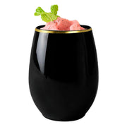 Black with gold stemless plastic wine glasses, 12 oz, combining elegance and convenience for weddings, parties, and special events