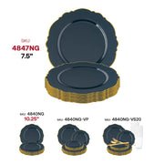 Blossom-shaped navy blue appetizer plates with a gold rim, 7.5-inch round disposable plastic design