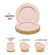 Blossom-shaped pink appetizer plates with a gold rim, 7.5-inch round disposable plastic design, pack of 120