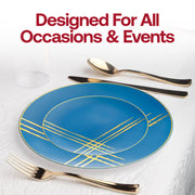 Blue with Gold Brushstroke Round Disposable Plastic Dinner Plates (10.25") Lifestyle | Smarty Had A Party