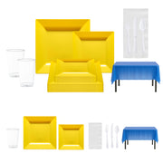 Blue, Yellow & White Dinnerware Set displayed with snacks at a festive game day event
