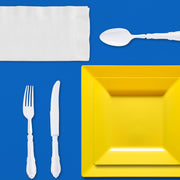 Blue, Yellow & White Dinnerware Set enhancing an afternoon baseball viewing party