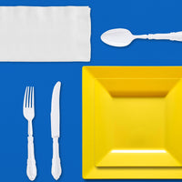 Blue, Yellow & White Dinnerware Set enhancing an afternoon baseball viewing party