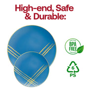 Blue and gold dinner plates with a brushstroke motif, 10.25-inch round disposable plastic design, BPA-free