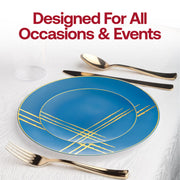 Blue plastic dinner plates featuring a stylish gold brushstroke pattern, 10.25 inches in diameter, perfect for events
