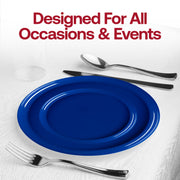 Blue plastic plates used at a formal dinner event, proving disposable doesn't mean compromising on style