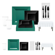 Bold hunter green and black disposable dinnerware set for sports-themed celebrations.