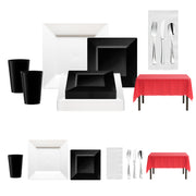 Bold red tablecloth and black cake plates add drama to this game day dinnerware kit.