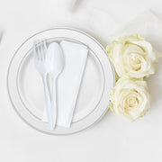 Boxed lunch packed with a wrapped MW cutlery kit containing a fork, teaspoon, and napkin, sanitary single-use flatware for events and meal programs.
